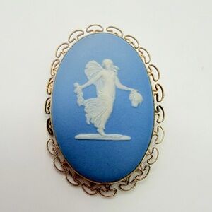 Vintage Wedgwood Blue Jasperware Cameo Brooch Pendant Made in England 14k G.F.